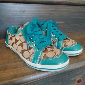 Coach Brodi Teal Tan Lace-up Canvas Sneakers Size 7.5